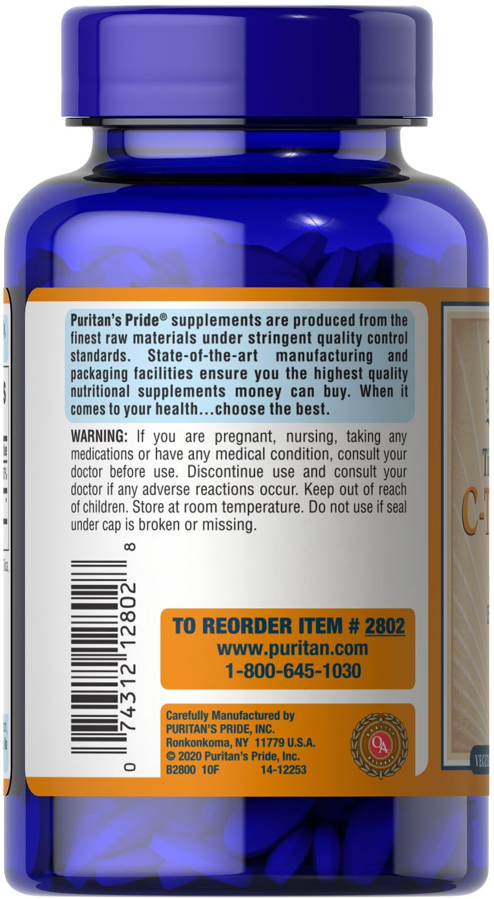 Puritan's Pride Vitamin C 1500 mg rose hips caplets close-up packaging highlights vegetarian formula.