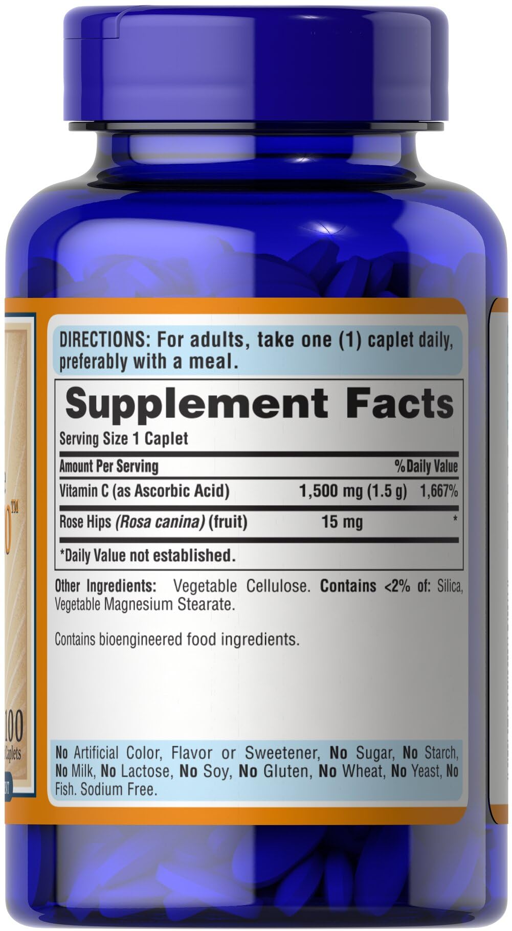 Puritan's Pride Vitamin C 1500 mg rose hips caplets on display suggesting daily wellness use.