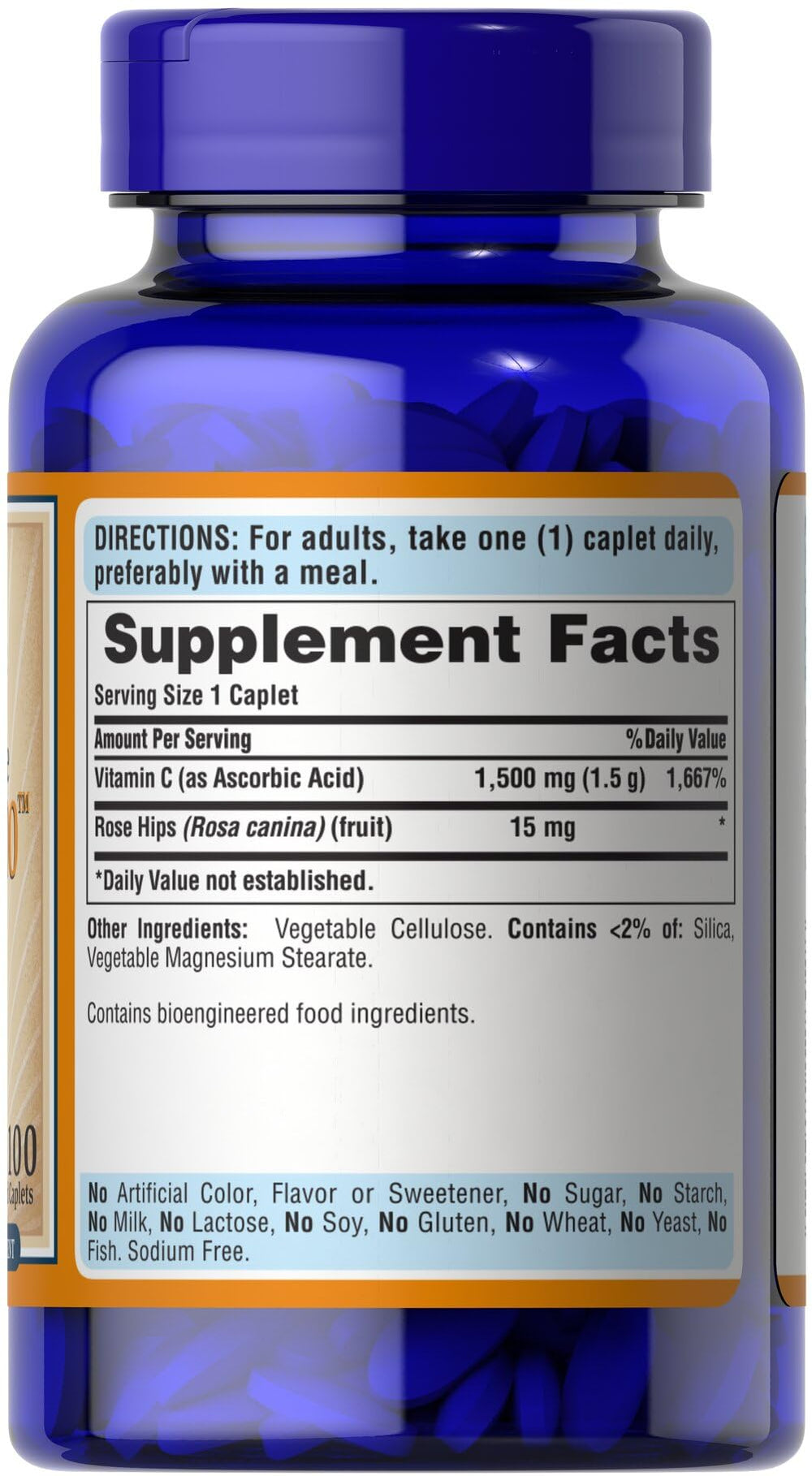 Puritan's Pride Vitamin C 1500 mg rose hips caplets on display suggesting daily wellness use.