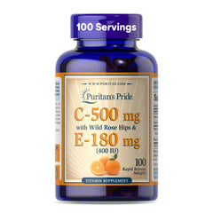 Puritan's Pride Vitamin C-500mg bottle shown for daily immune support and antioxidant care.