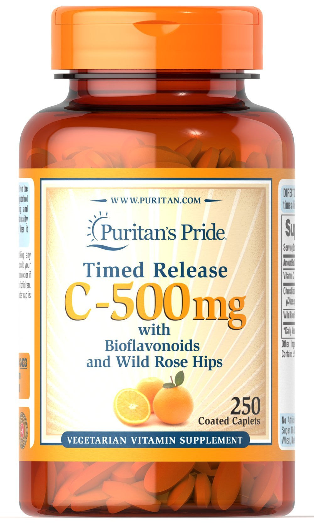 Puritan's Pride Vitamin C 500 mg caplets—front label, offering immune support and gluten-free formulation.