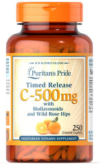 Puritan's Pride Vitamin C 500 mg caplets—front label, offering immune support and gluten-free formulation.