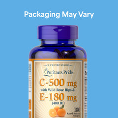 Puritan's Pride Vitamin C softgels pour highlights easy daily intake for wellness.