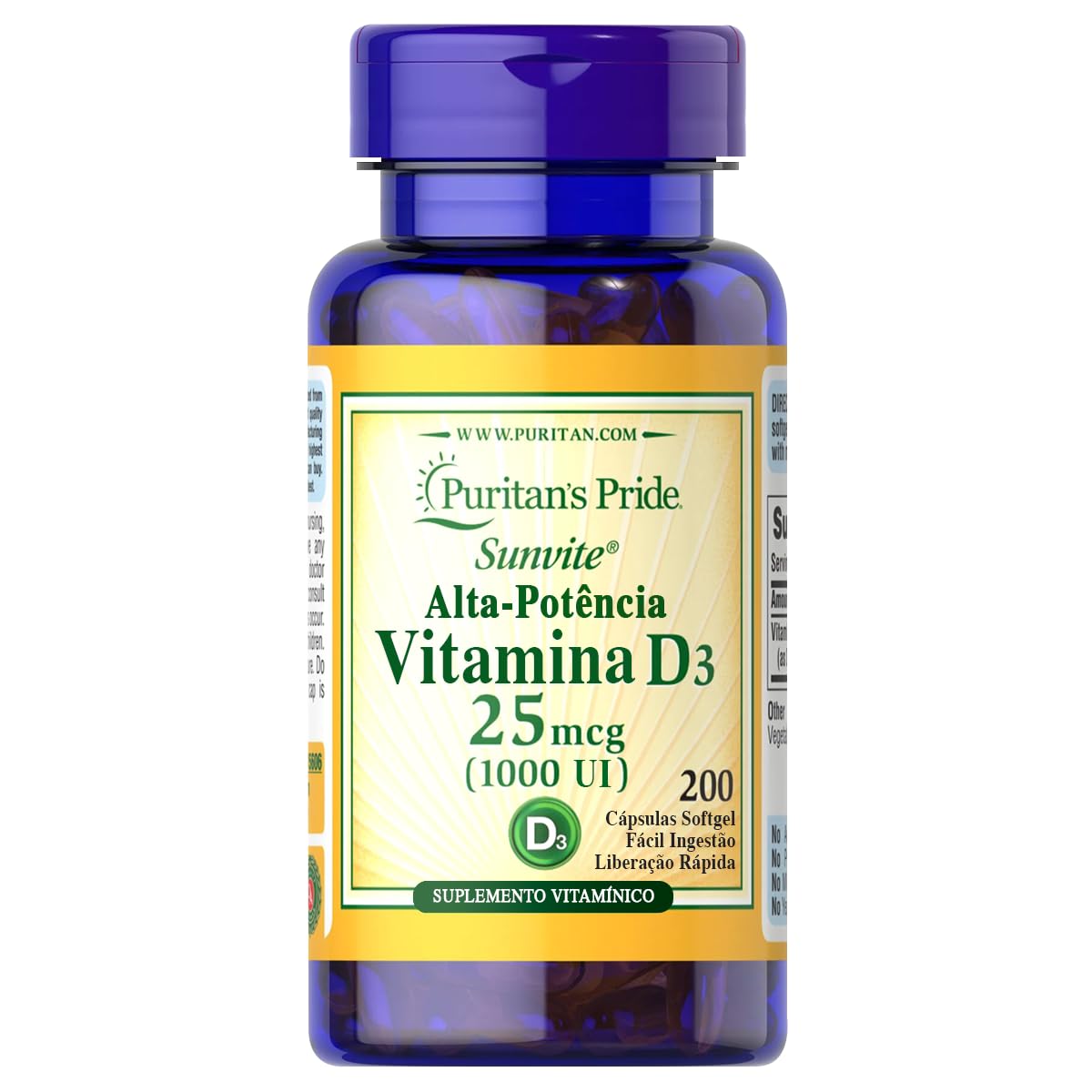 Puritan's Pride Vitamin D3 1000 IU softgel bottle for daily support.