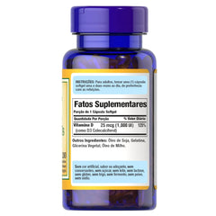 Puritan's Pride Vitamin D3 softgel label close-up highlighting potency and no preservatives.
