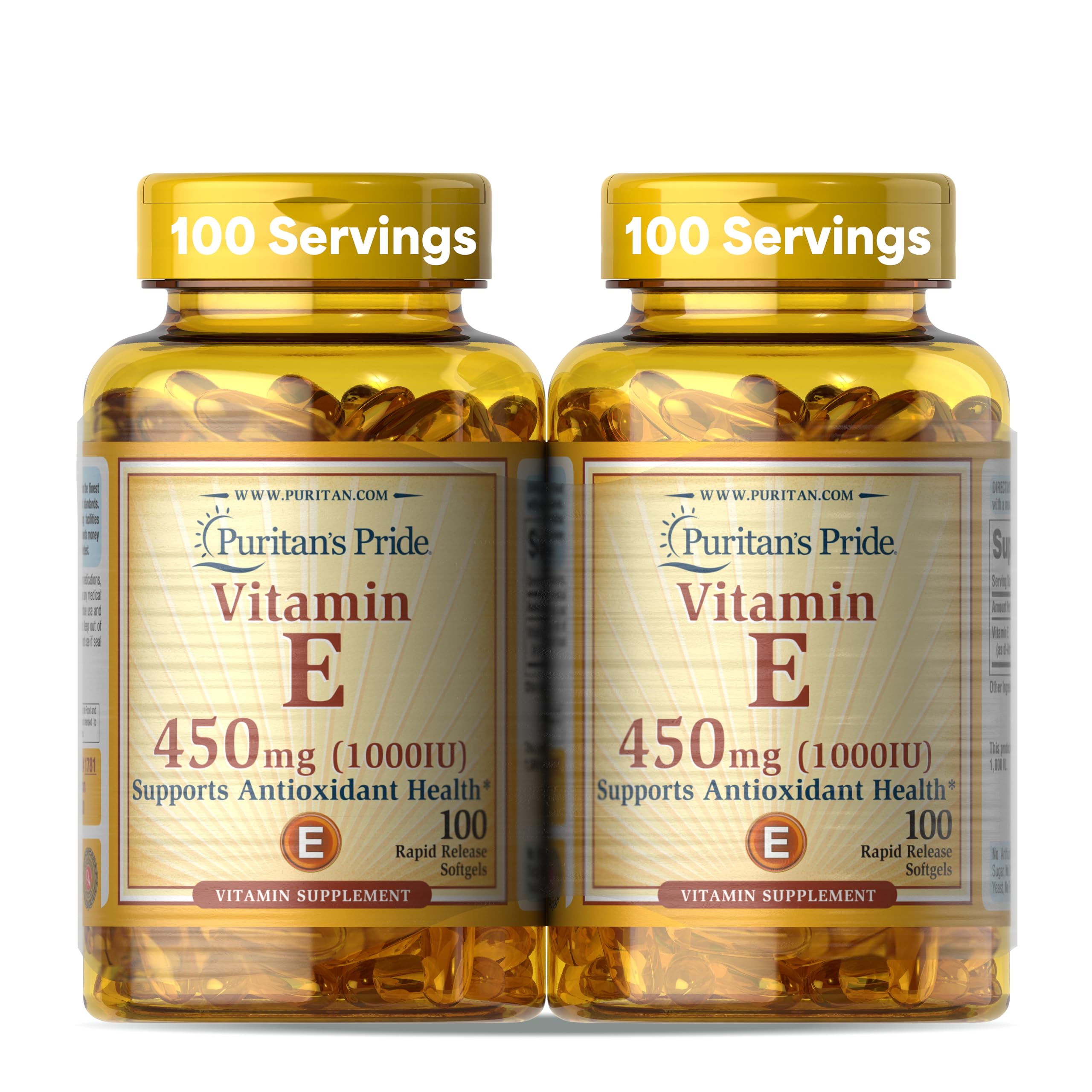 Puritan's Pride Vitamin E-450mg softgel bottle shown for antioxidant support