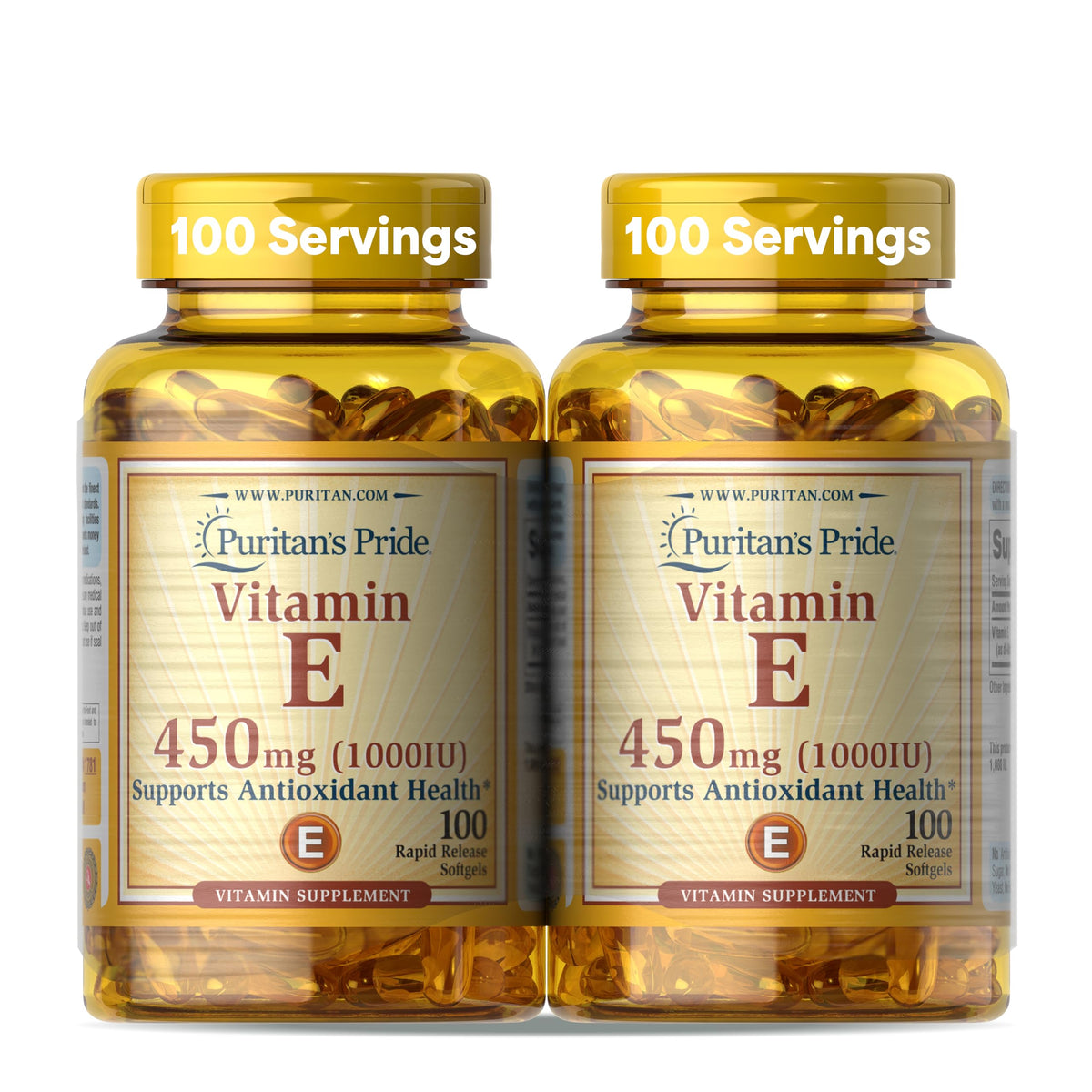 Puritan's Pride Vitamin E-450mg softgel bottle shown for antioxidant support