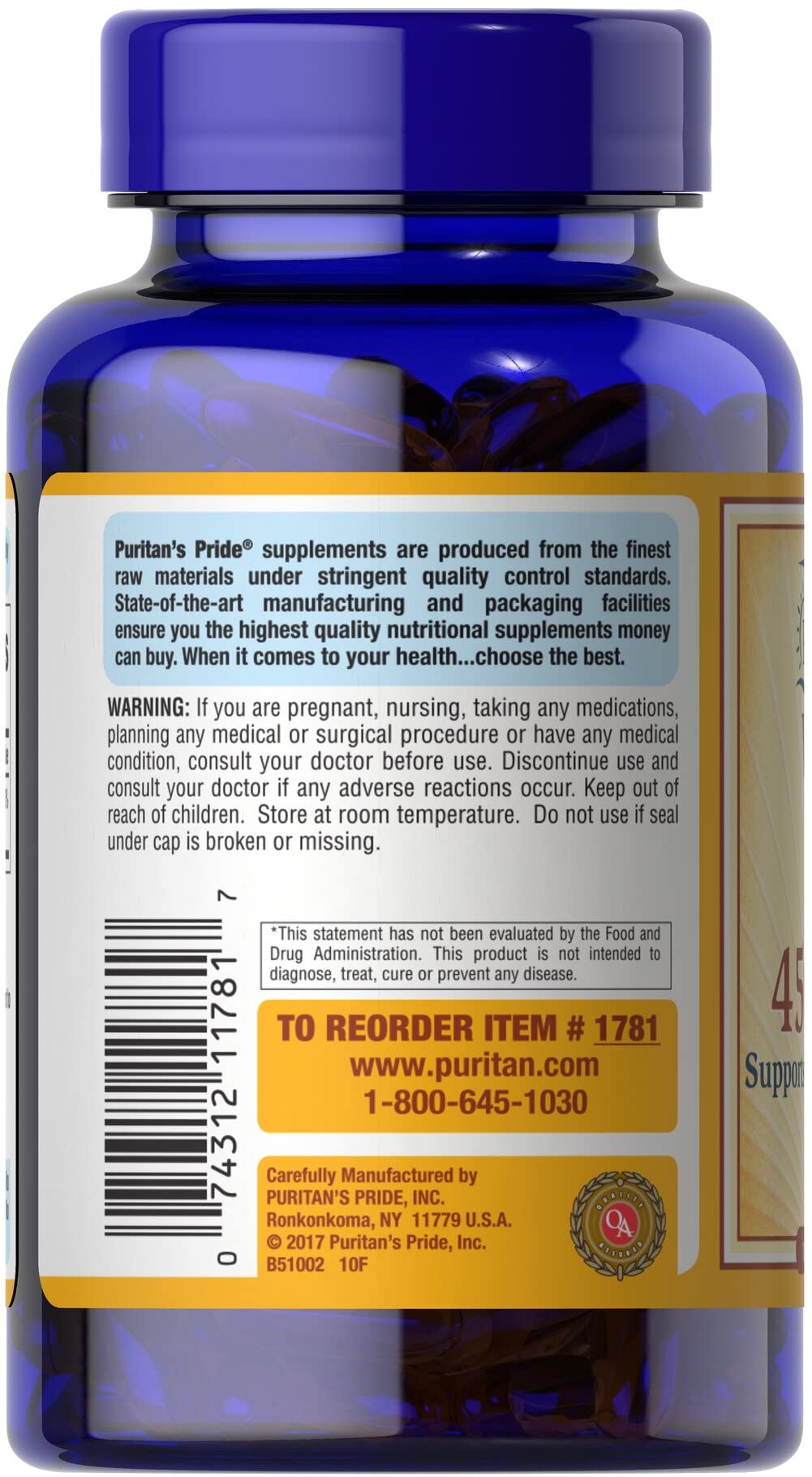 Puritan's Pride Vitamin E soft gels, easy-to-swallow daily supplement for routine wellness.