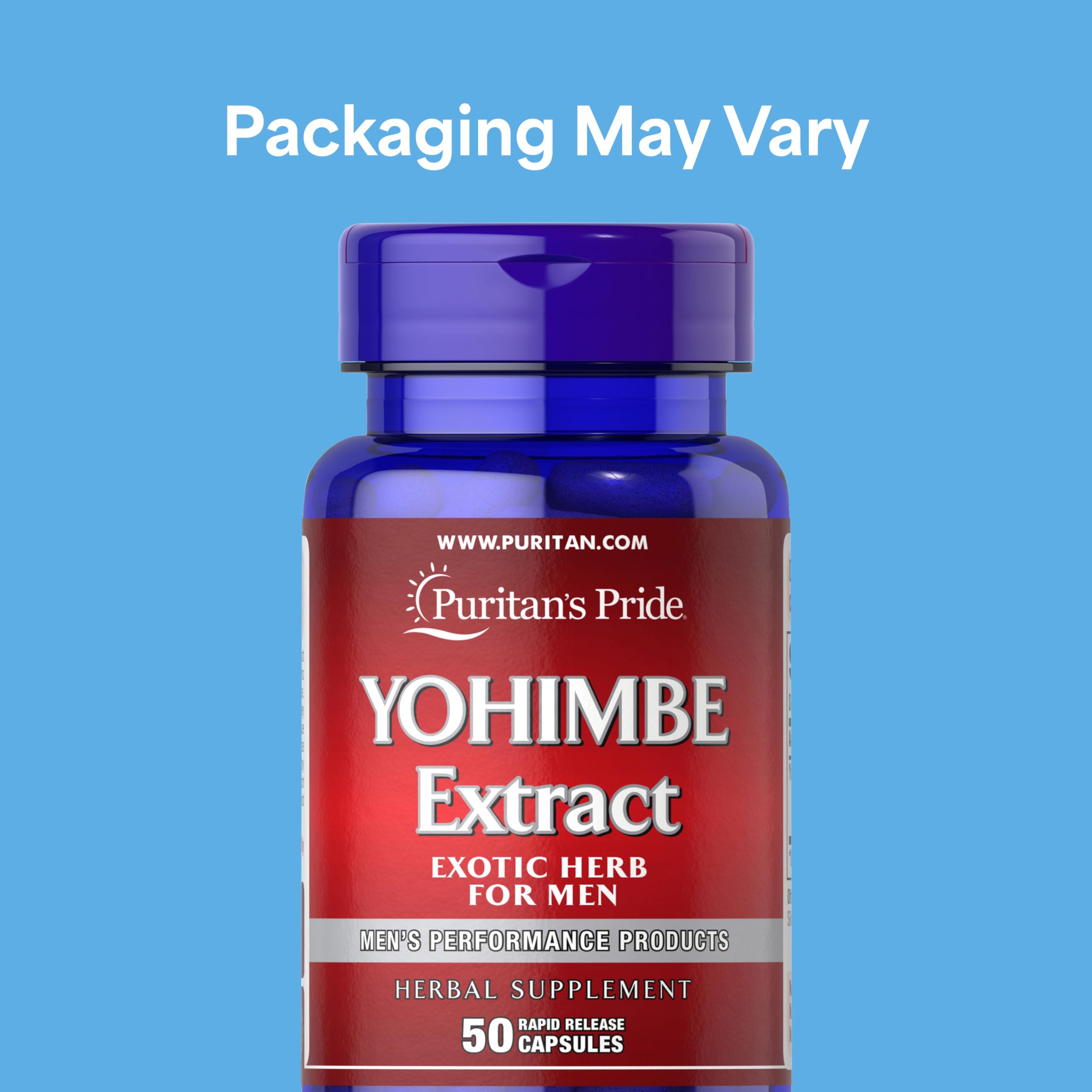 Puritan's Pride Yohimbe capsule detail shows small rapid-release capsules.