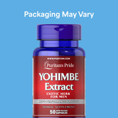 Puritan's Pride Yohimbe capsule detail shows small rapid-release capsules.