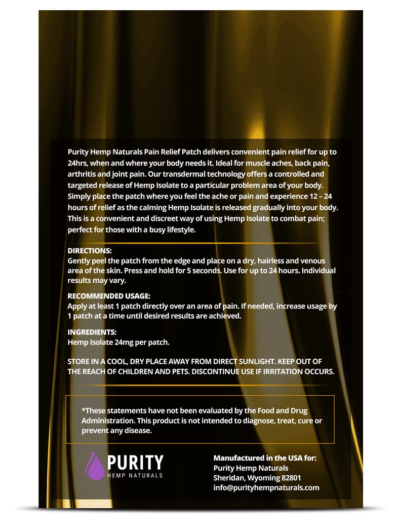 Purity Hemp Naturals patch strip close-up showing 24 mg per patch potency.
