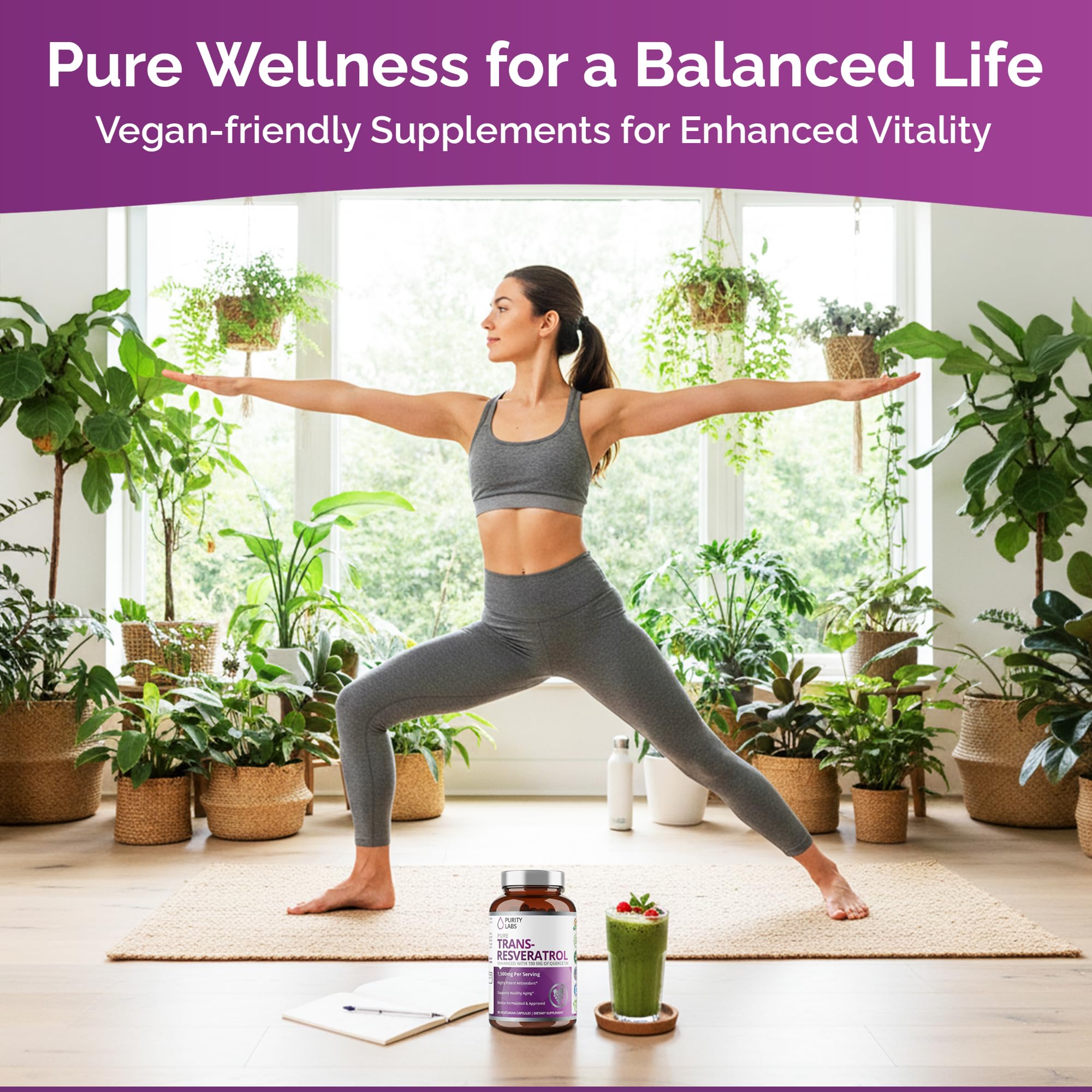 Purity Labs bottle with front label displays key benefits and dosing at a glance