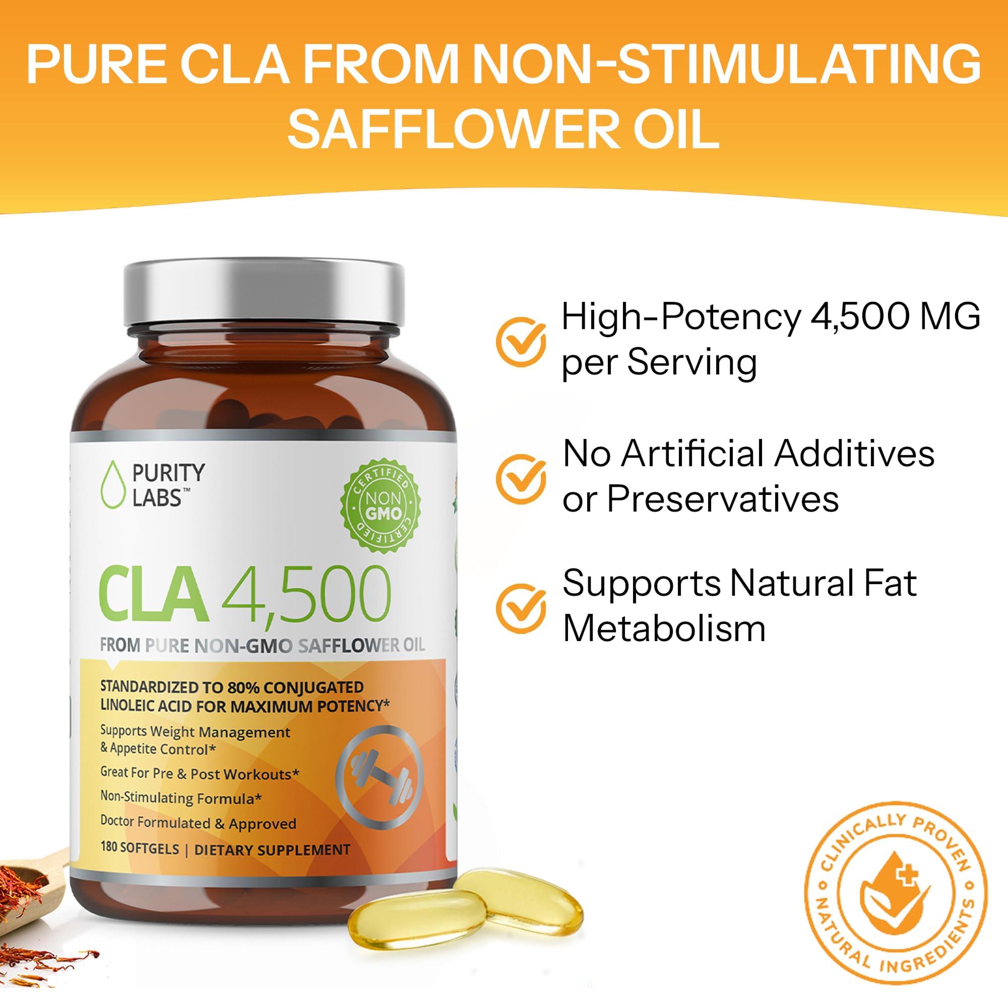 Purity Labs CLA non-GMO claim graphic on bottle