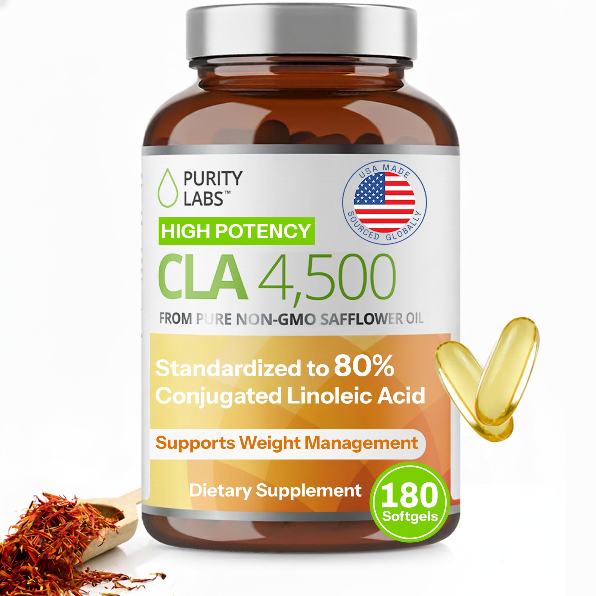 Purity Labs CLA softgel bottle on shelf highlighting energy support