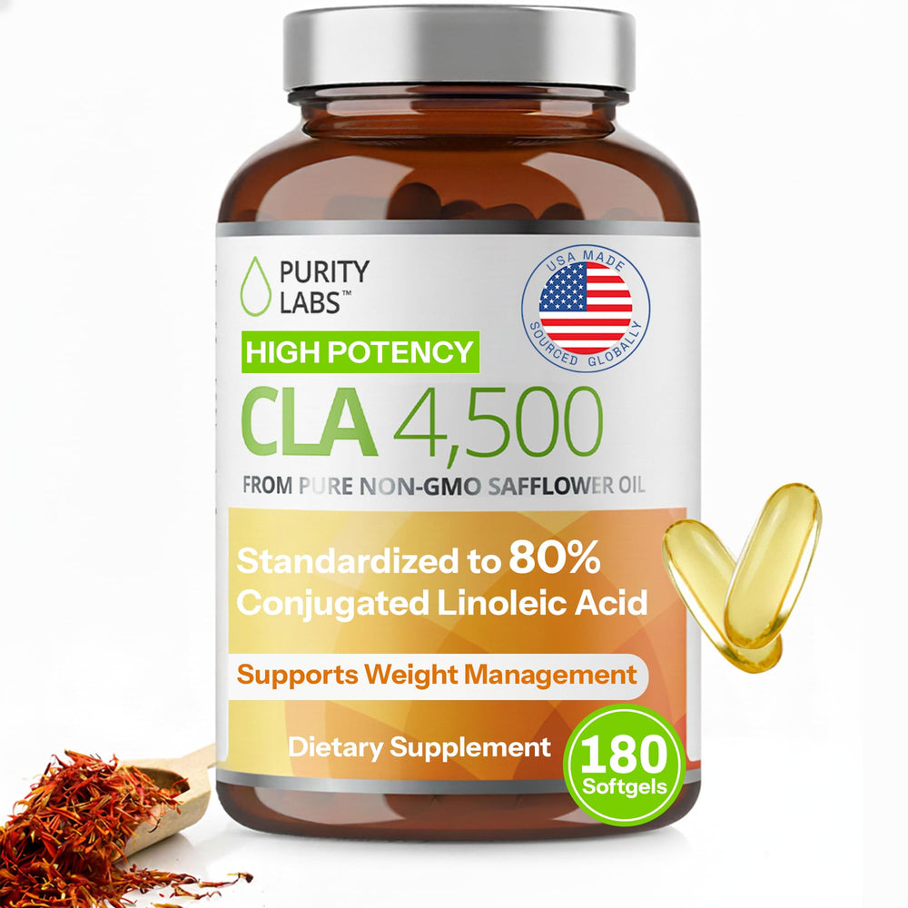Purity Labs CLA softgel bottle on shelf highlighting energy support