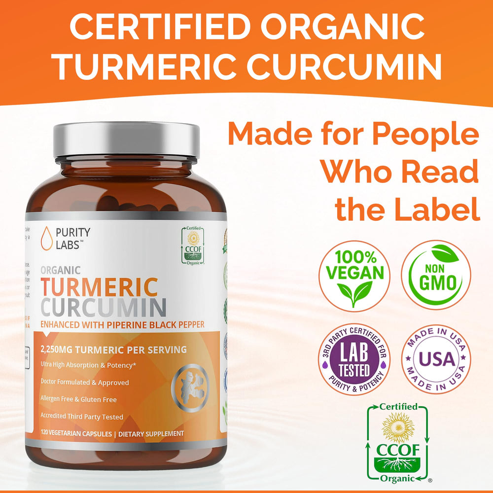 Purity Labs turmeric curcumin label closeup highlighting organic, non GMO quality and 95% curcuminoids.