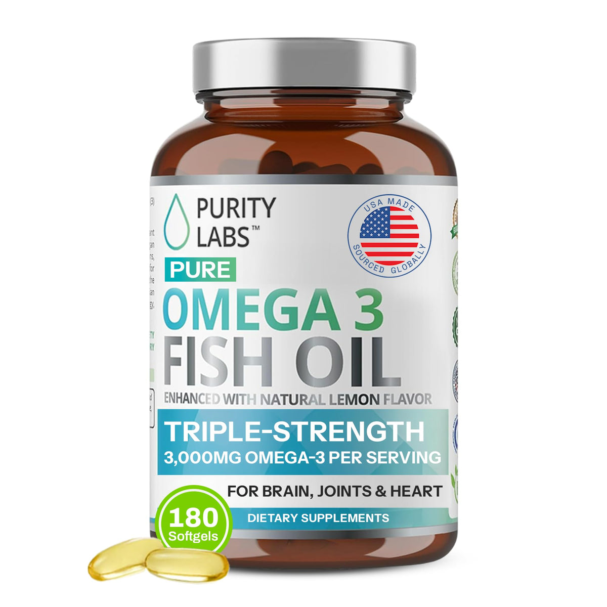 Purity Labs Omega 3 bottle with lemon-flavored softgels designed for heart and brain support.