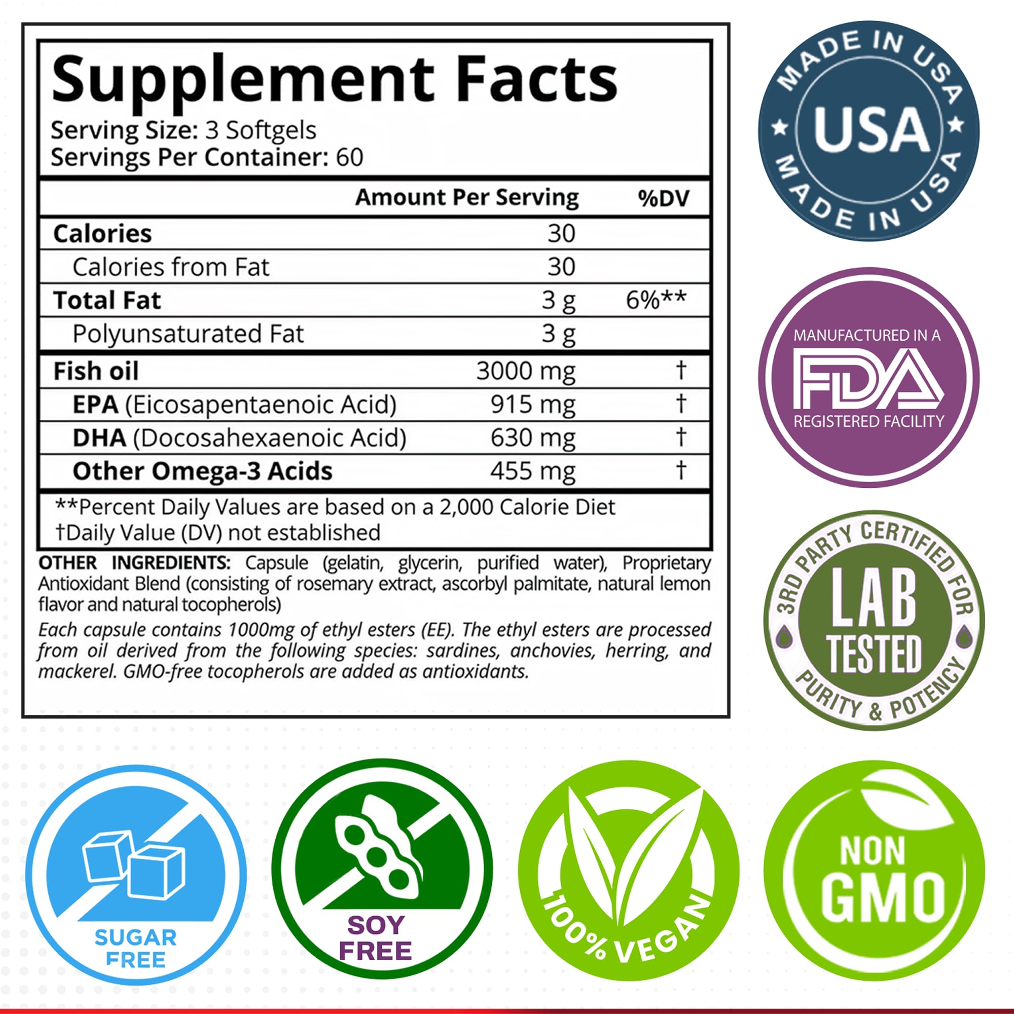 Lemon-flavored coating visible on Purity Labs omega-3 softgels for smooth taste.