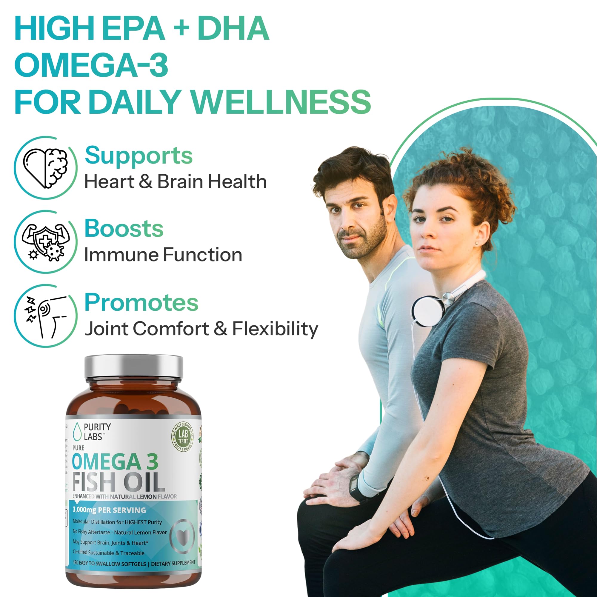 Close-up of Purity Labs omega-3 softgels highlighting 2000mg omega-3 potency for daily wellness.