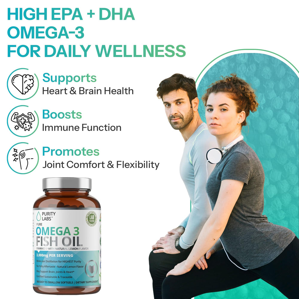 Close-up of Purity Labs omega-3 softgels highlighting 2000mg omega-3 potency for daily wellness.