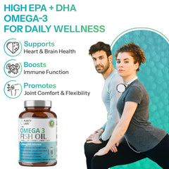 Close-up of Purity Labs omega-3 softgels highlighting 2000mg omega-3 potency for daily wellness.