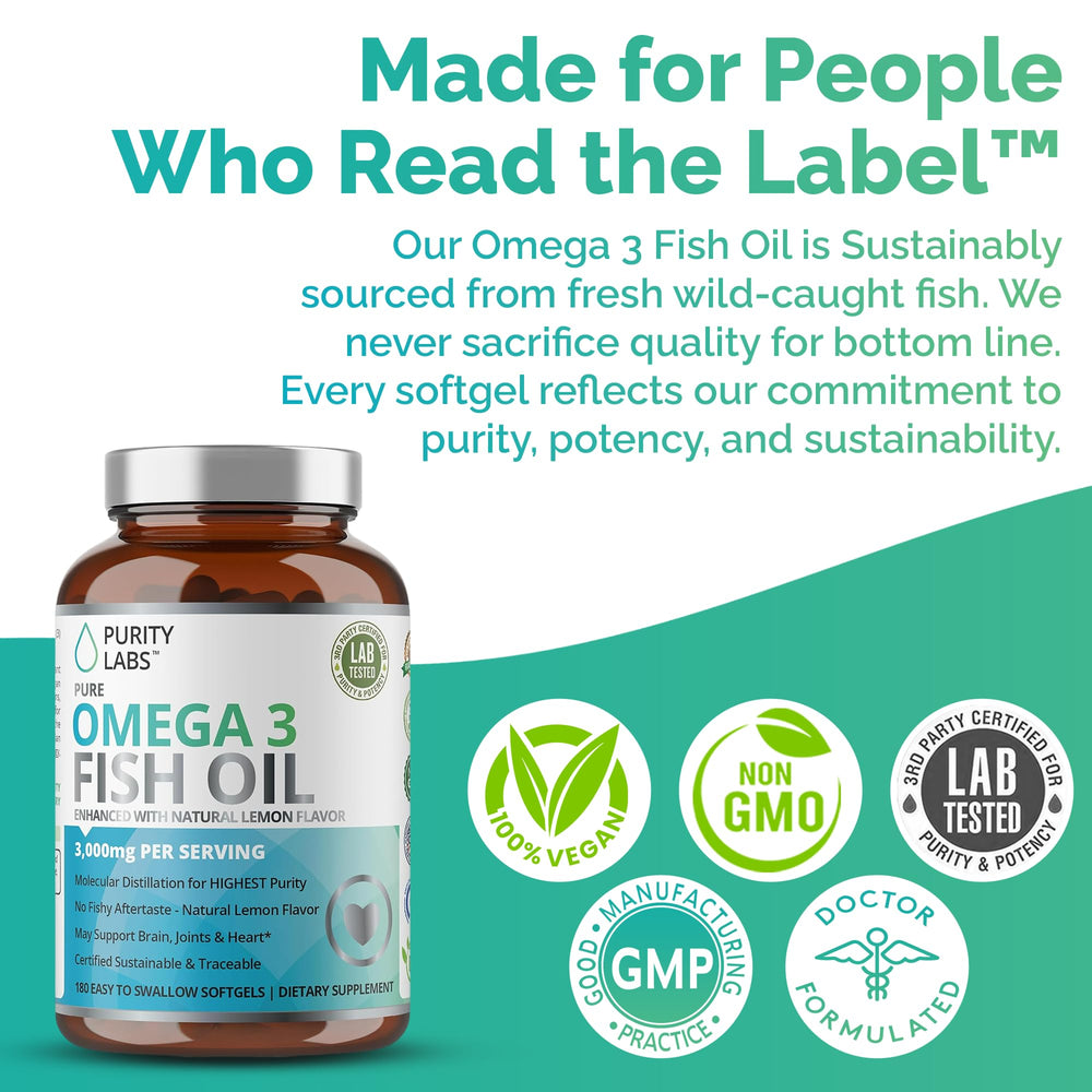 Sustainably sourced wild-caught fish icon on Purity Labs label.