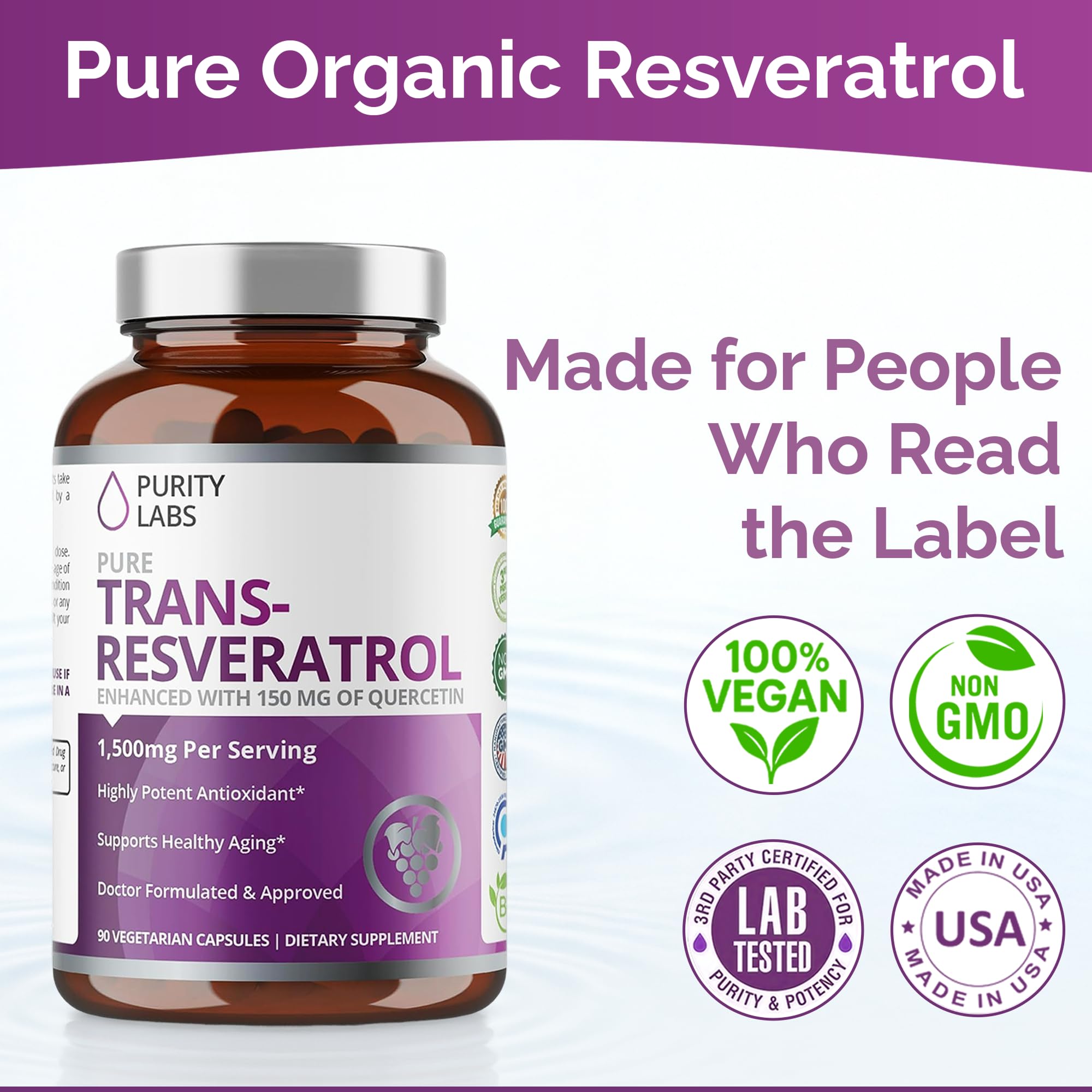 Purity Labs Trans Resveratrol capsules closeup indicating convenient daily resilience