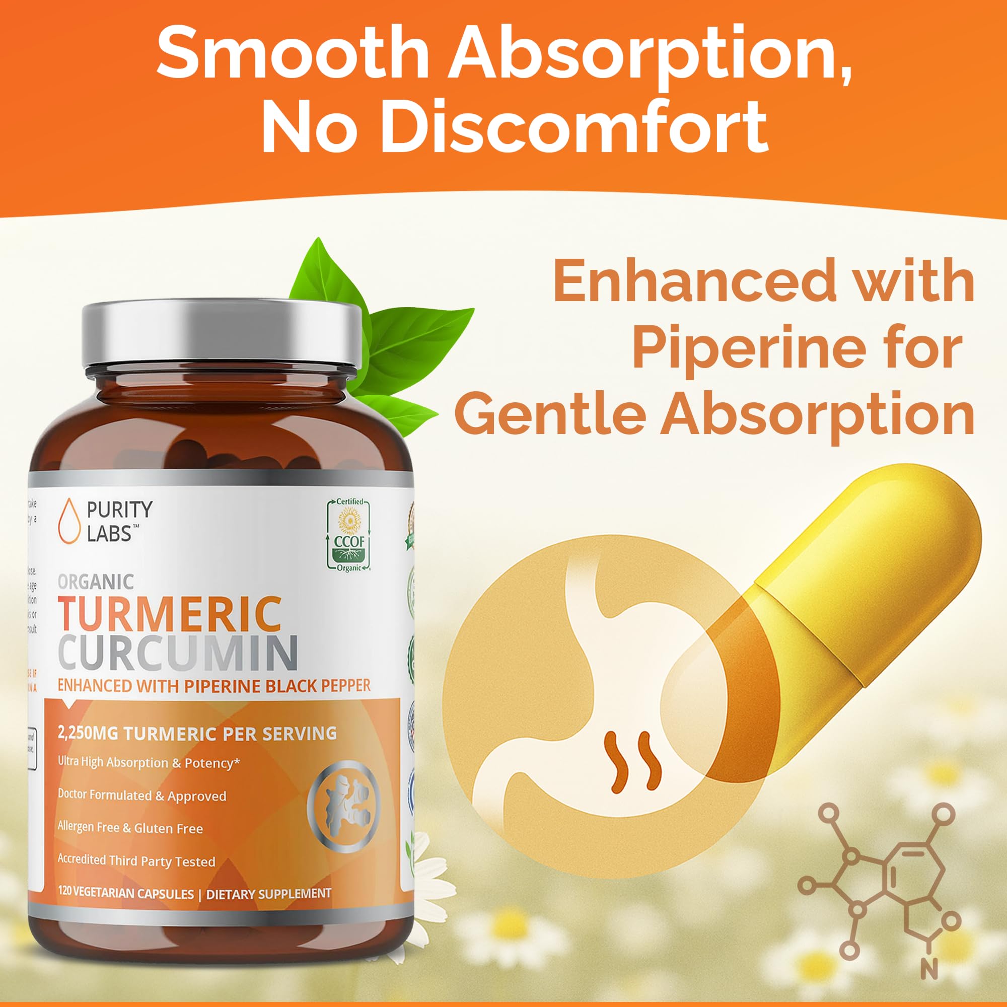 Purity Labs turmeric capsules beside a glass of water for simple intake.