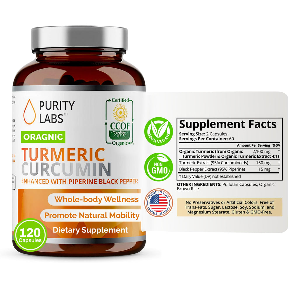 Purity Labs turmeric curcumin bottle with 120 capsules for joint and antioxidant support.