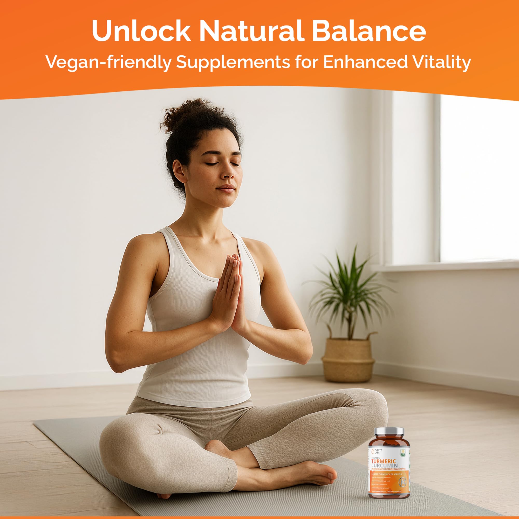 Purity Labs turmeric curcumin bottle photographed in natural light to emphasize purity.