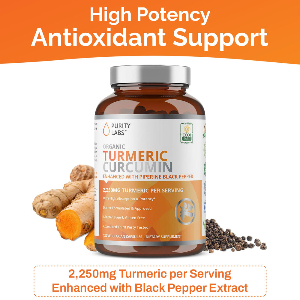 Purity Labs turmeric curcumin with piperine enhances absorption for daily use.