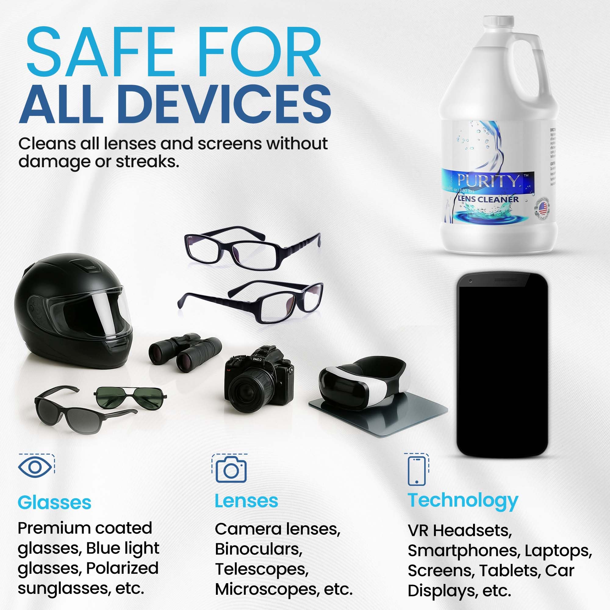 Purity Lens Cleaner anti-streak graphic illustrating residue-free results
