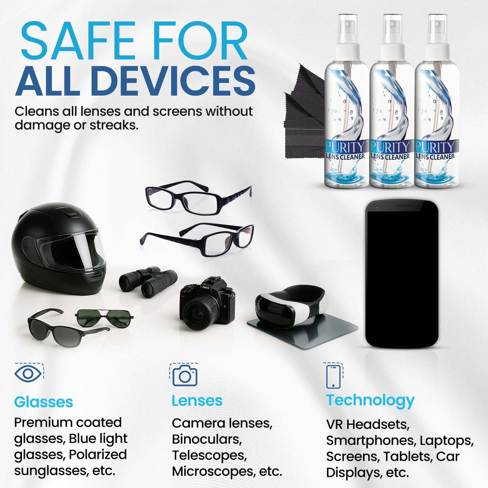 Purity Lens Cleaner in use with glasses highlights easy, streak-free refresh
