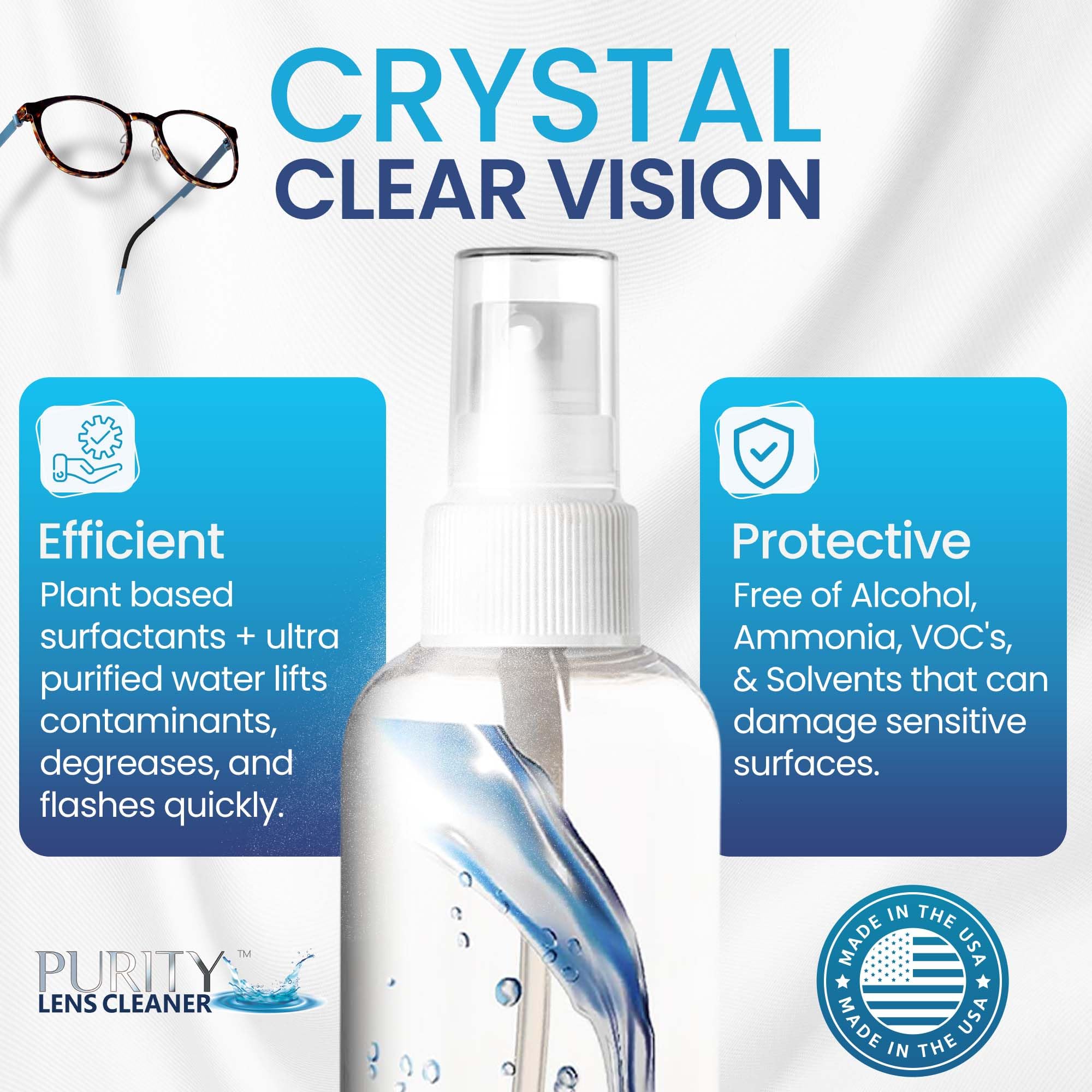 Purity Lens Cleaner made-in-USA tag signals trusted craftsmanship