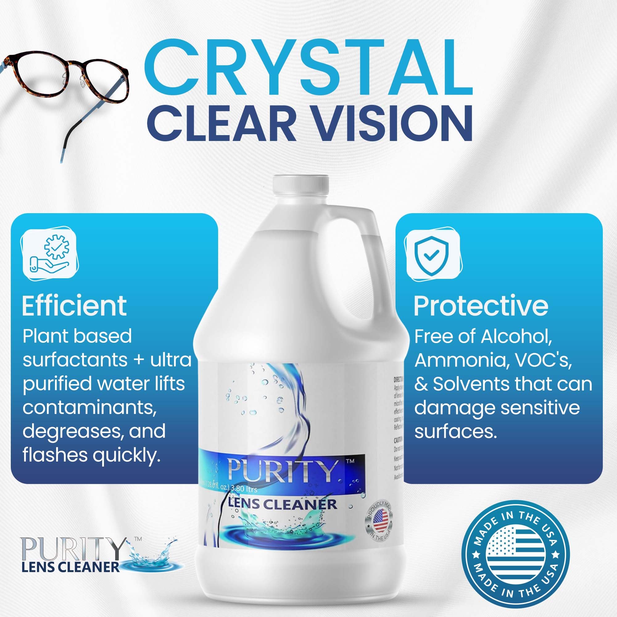 Purity Lens Cleaner packaging box emphasizes bulk refill option