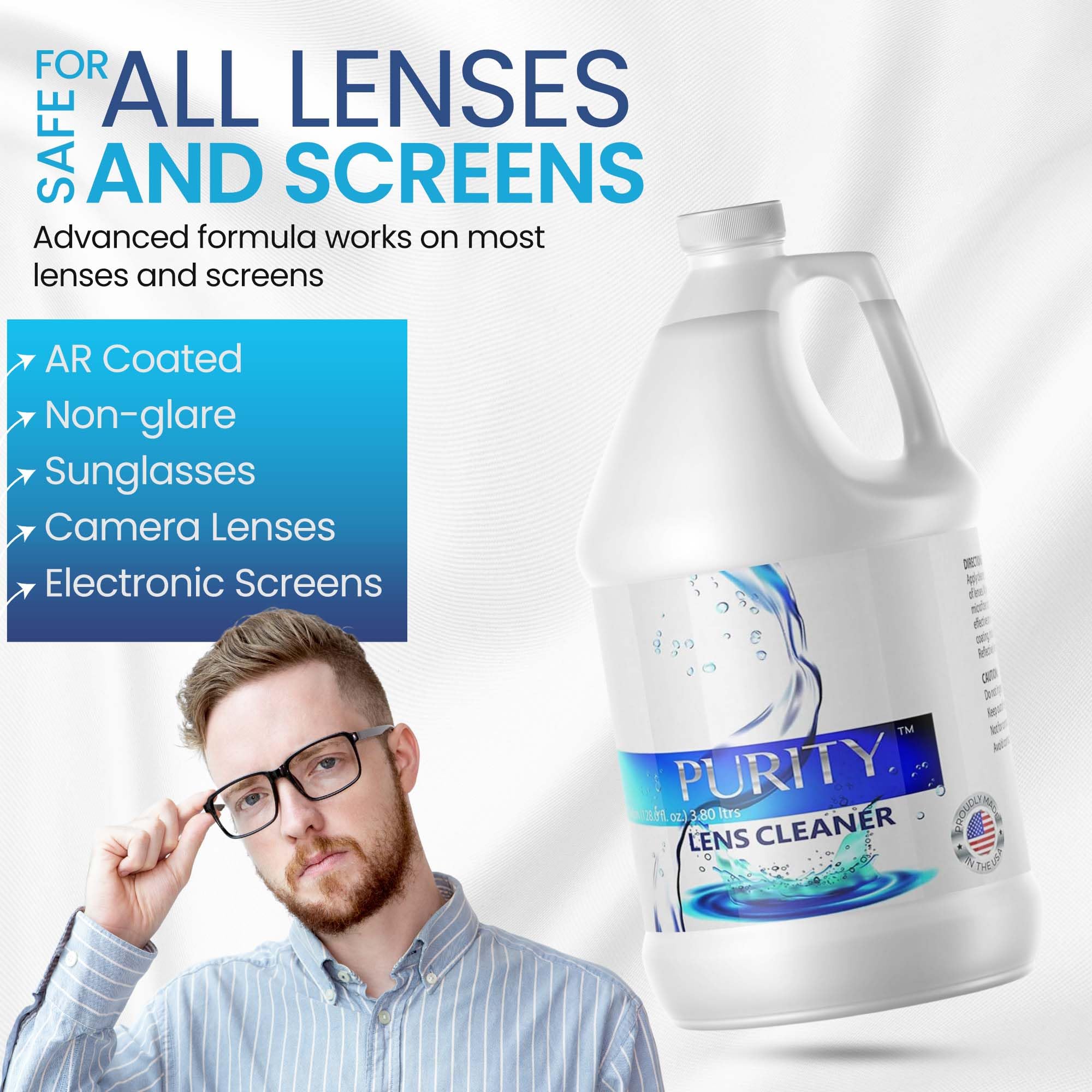 Purity Lens Cleaner USA-made seal highlighting quality and safety