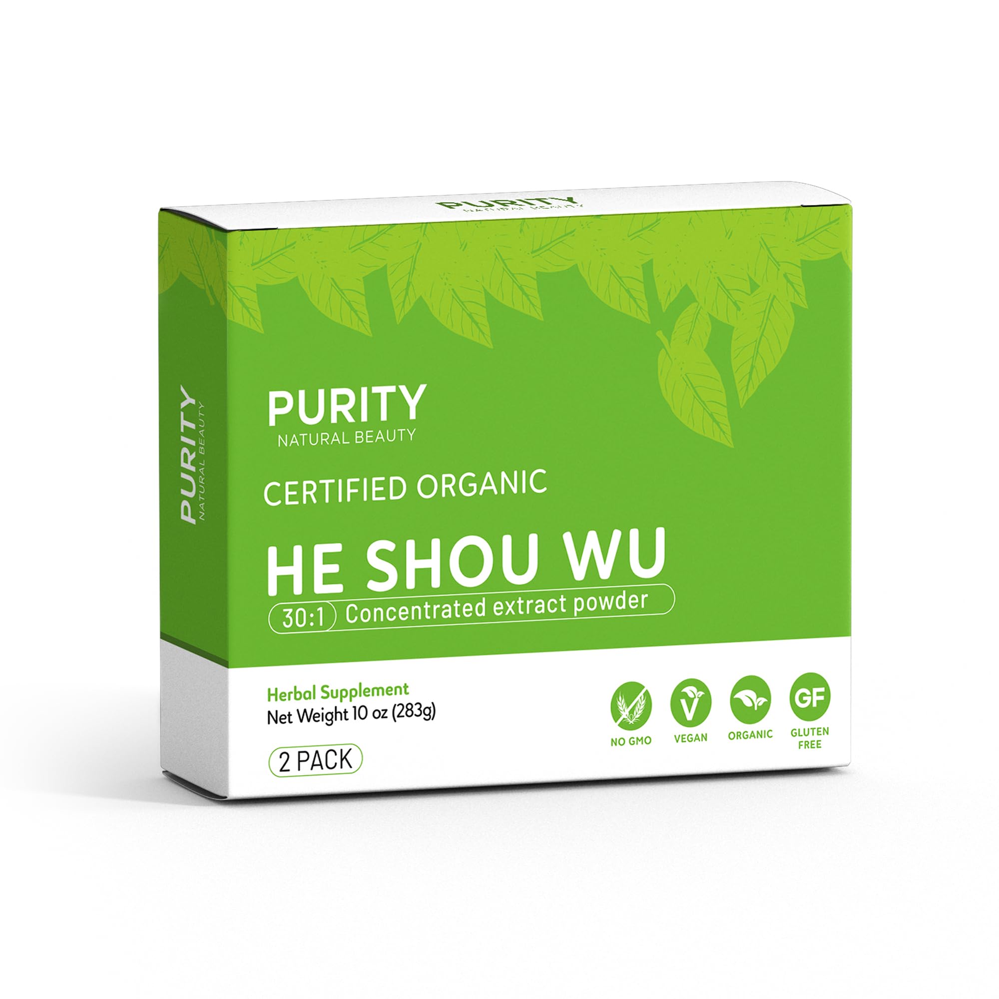 Purity Natural Beauty daily-use setup with organic He Shou Wu powder.