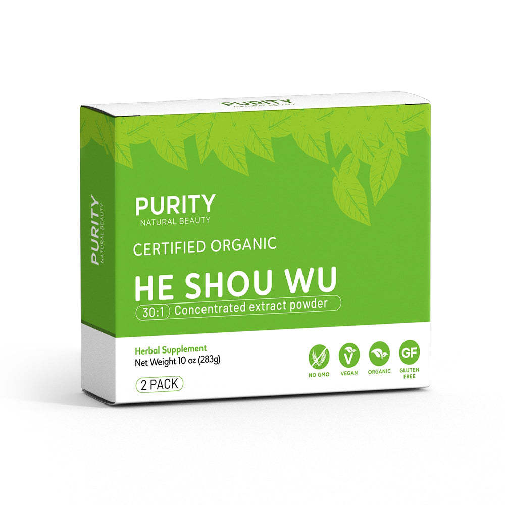 Purity Natural Beauty daily-use setup with organic He Shou Wu powder.