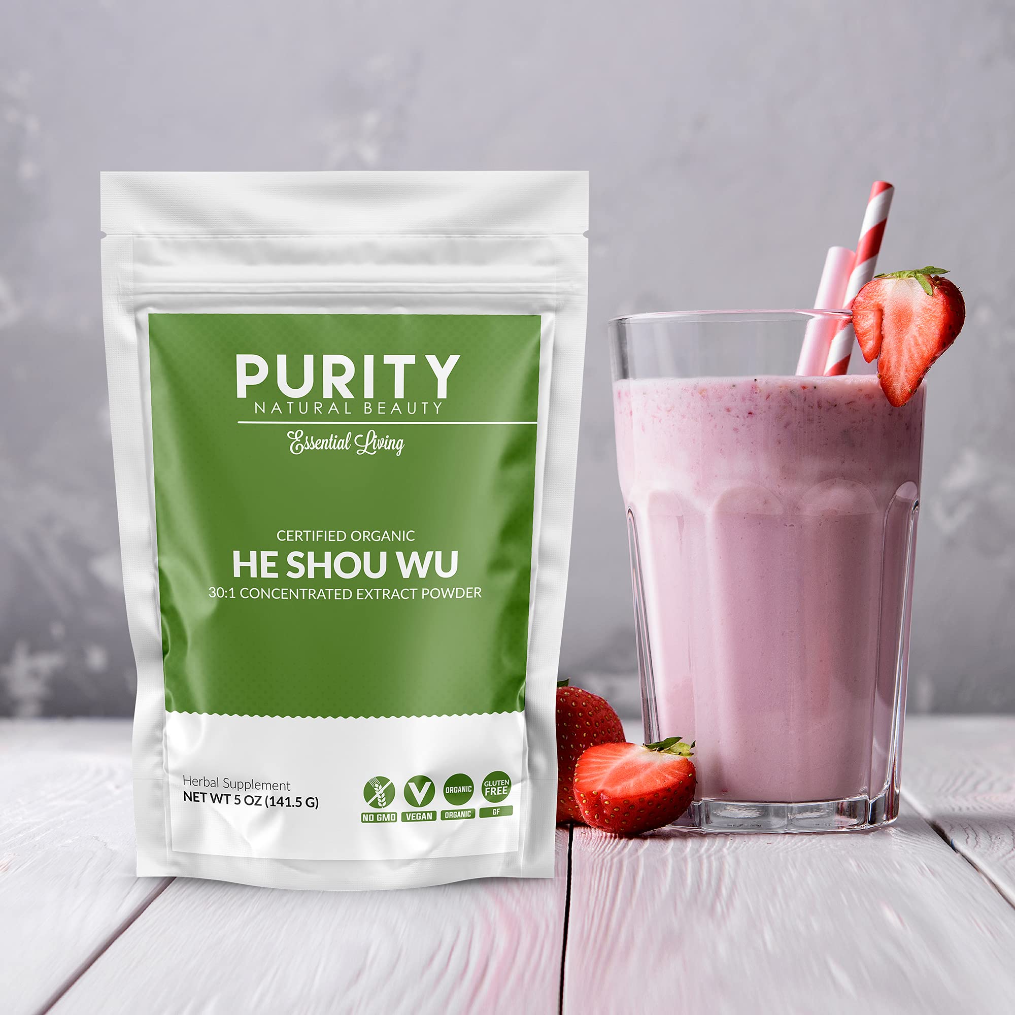 Purity Natural Beauty Fo Ti powder container ready for beverage mixing.