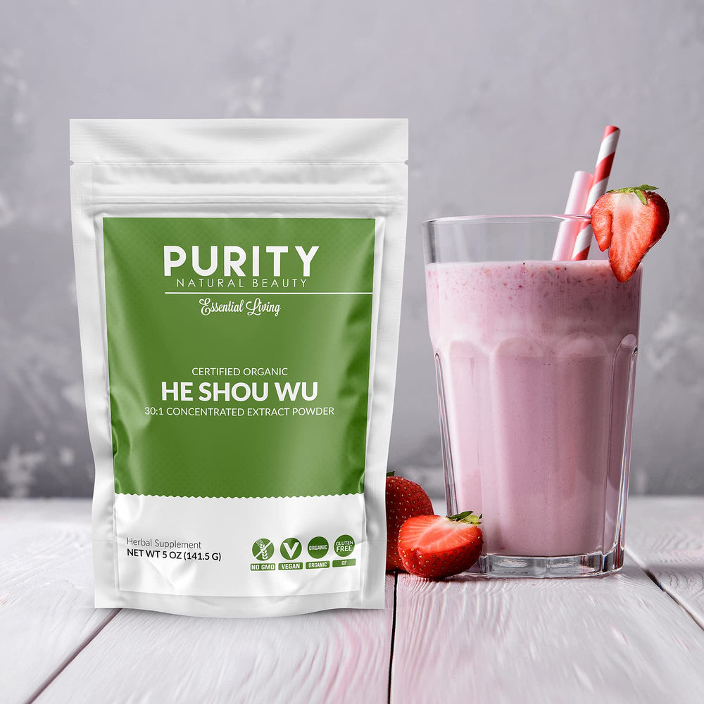 Purity Natural Beauty Fo Ti powder container ready for beverage mixing.