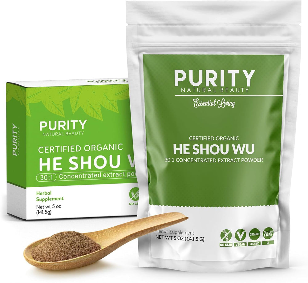 Purity Natural Beauty He Shou Wu powder bottle showing organic extract for daily use.