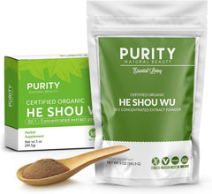 Purity Natural Beauty He Shou Wu powder bottle showing organic extract for daily use.