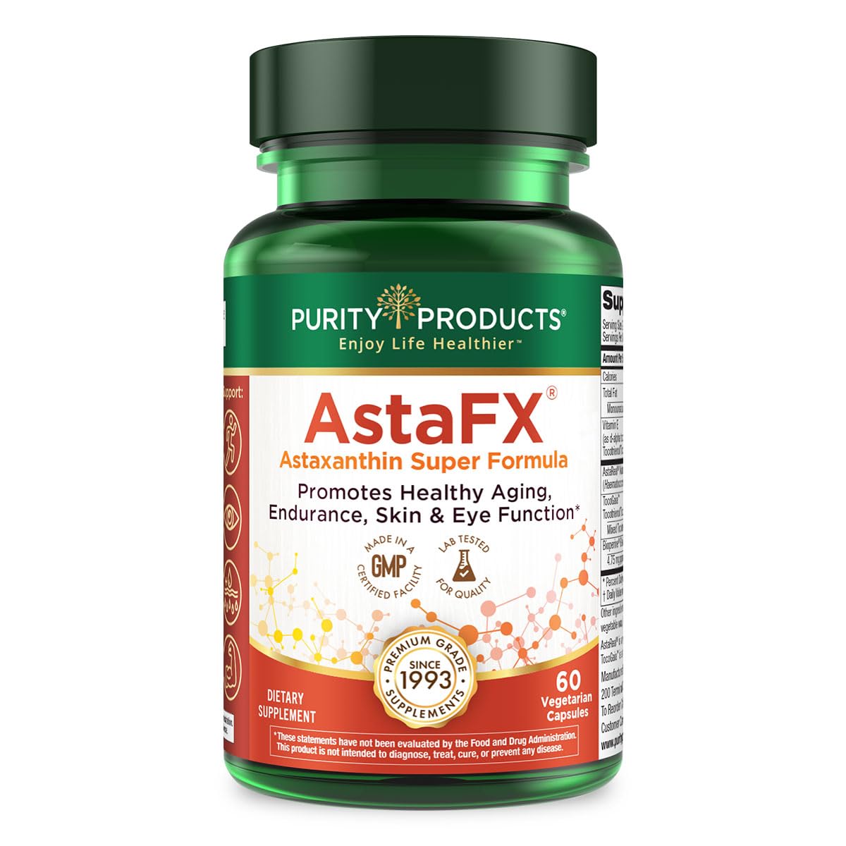 Purity Products AstaFX bottle front showing antioxidant support packaging