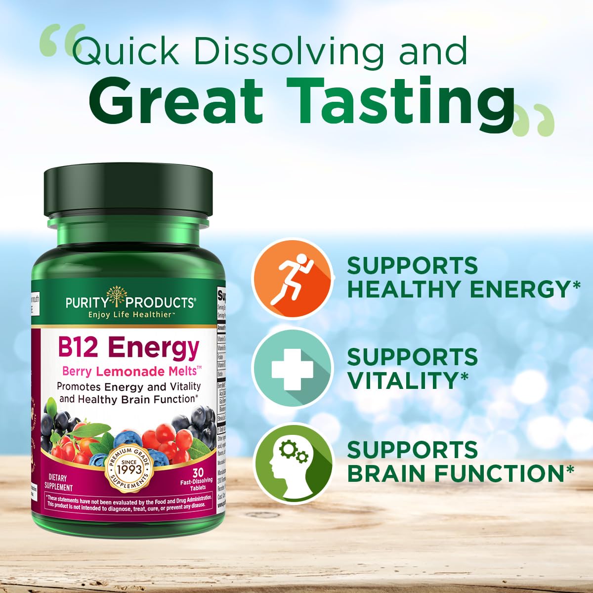 Purity Products B-12 Energy Berry Lemonade Melts with D3 and co-factors for daily support