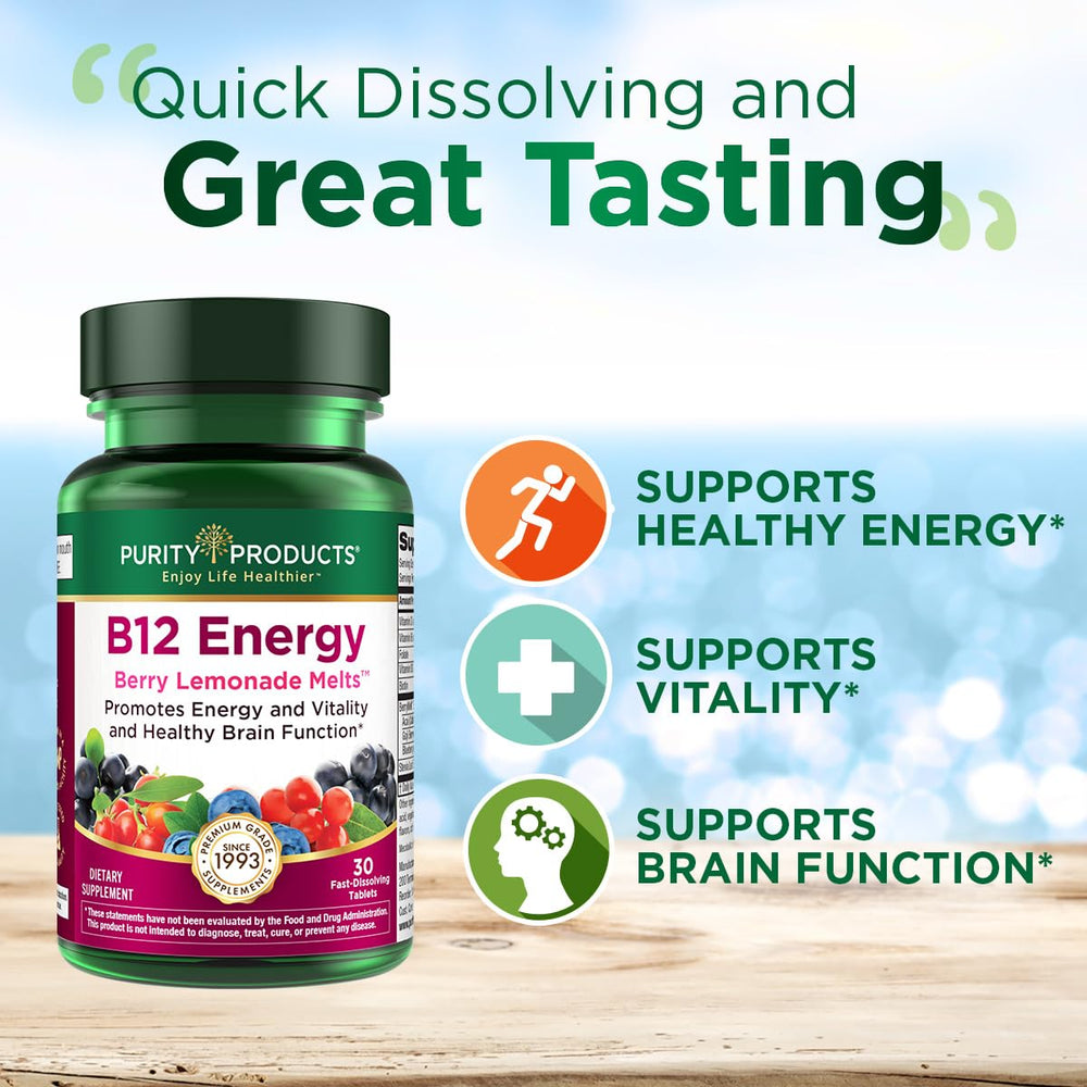 Purity Products B-12 Energy Berry Lemonade Melts with D3 and co-factors for daily support