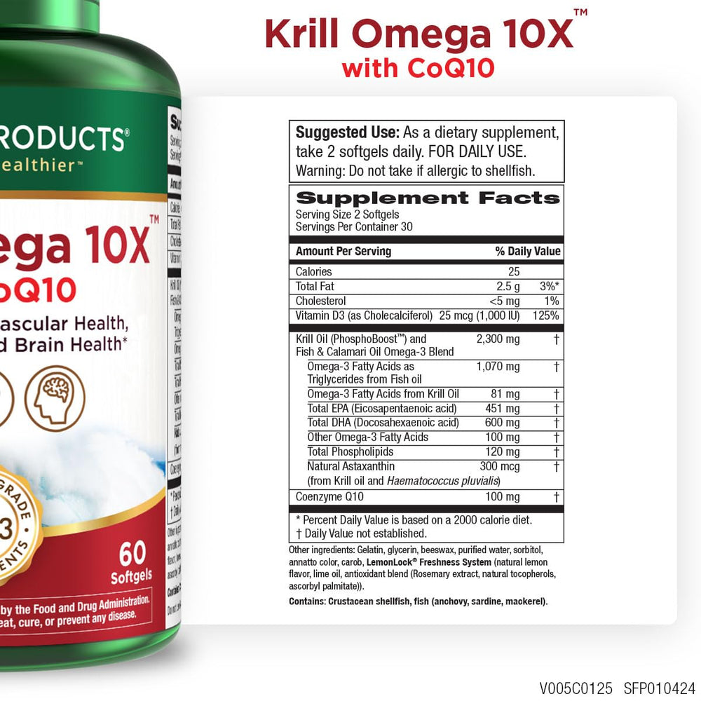 Purity Products Krill Omega 10X serving, highlighting EPA and DHA support.