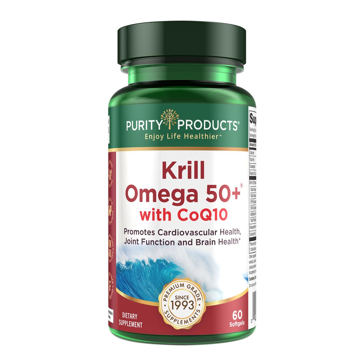 Purity Products Krill Omega 50+ Plus bottle pour with easy-to-swallow soft gels for daily omega-3 support