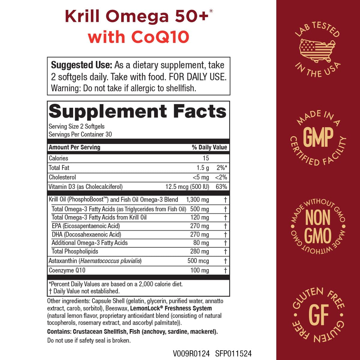 Purity Products Krill Omega 50+ Plus CoQ10 label close-up showing added CoQ10 for heart support