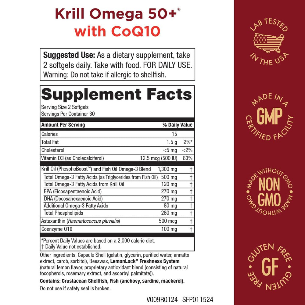 Purity Products Krill Omega 50+ Plus CoQ10 label close-up showing added CoQ10 for heart support