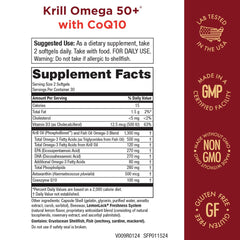 Purity Products Krill Omega 50+ Plus CoQ10 label close-up showing added CoQ10 for heart support